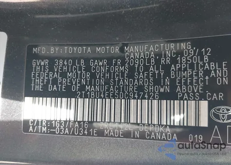 2013 Toyota Corolla L из США, поврежденный, VIN 2T1BU4EE5DC947426